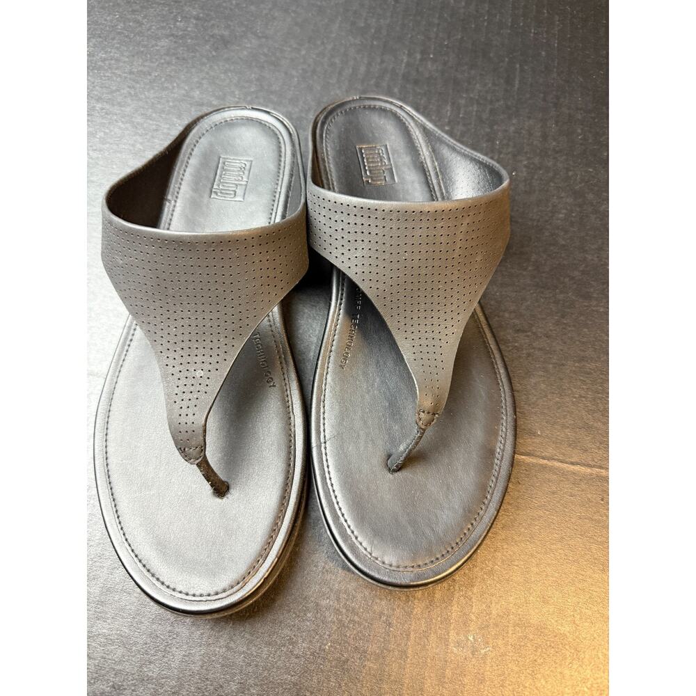 FitFlop Banda Sandals Women's Sz 7 Black Leather Comfort Thong Flip Flop Wedge - Picture 5 of 10